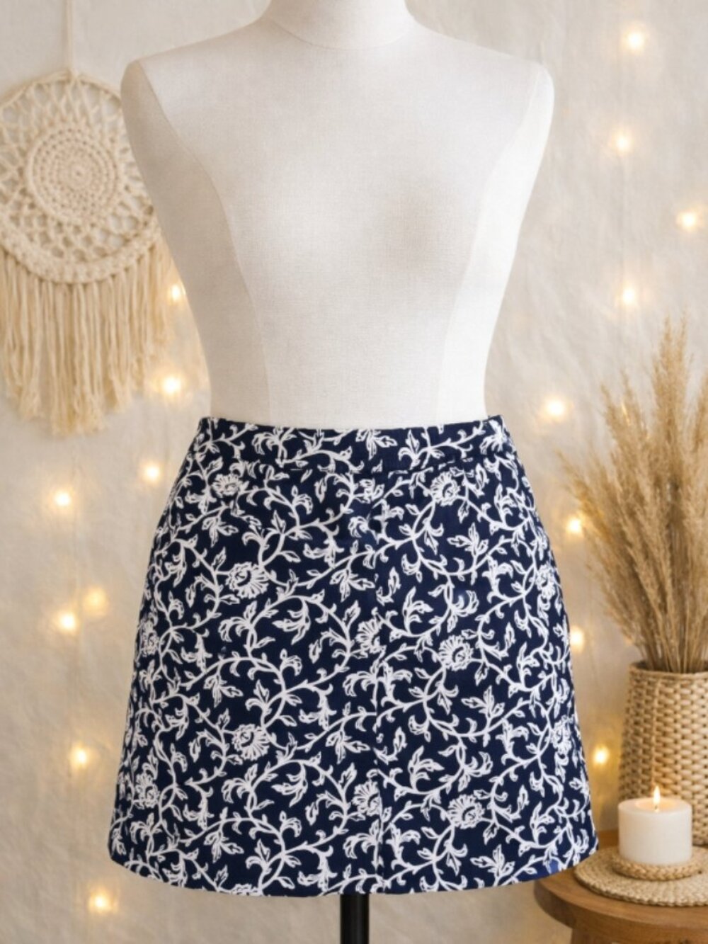 Karen Scott Navy White Floral Stretch Cotton Skort 14 Cottagecore Casual Coastal